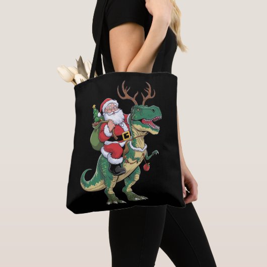 Santa Riding Dinosaur T-Rex Kerstmis Squad Tote Bag (Dichtbij)