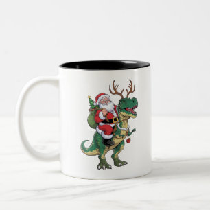 Santa Riding Dinosaur T-Rex Kerstmis Squad Tweekleurige Koffiemok