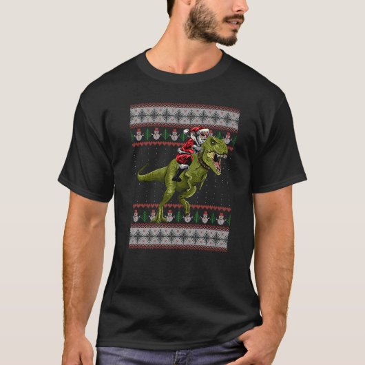 Santa Riding Dinosaur T Rex Kerstmis Ugly Sweater T-shirt (Voorkant)