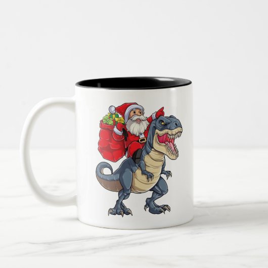 Santa Riding Dinosaur T rex T Shirt kerstcadeau Tweekleurige Koffiemok (Links)