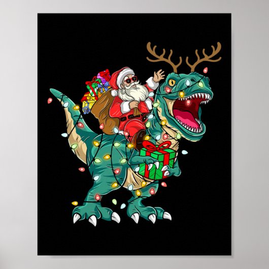 Santa Riding Dinosaur Trex Herten Kinder Jongens M Poster (Voorkant)