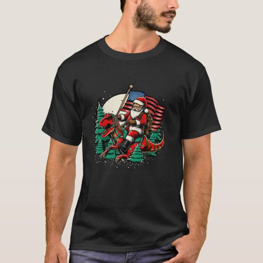Santa Riding Dinosaur USA Vlag T Rex Kerstmis T-shirt (Voorkant)