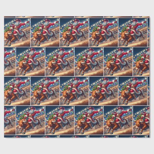 Santa Riding een Rodeo Bull Kerstmis Cadeaupapier (Vlak)