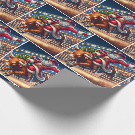 Santa Riding een Rodeo Bull Kerstmis Cadeaupapier (Hoek)