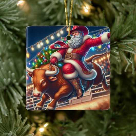 Santa Riding een Rodeo Bull Kerstmis Keramisch Ornament (Boom)