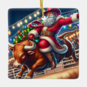 Santa Riding een Rodeo Bull Kerstmis Keramisch Ornament (Voorkant)