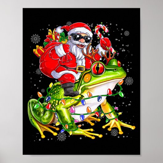 Santa Riding Frog Christmas Lights Funny Xmas Tree Poster (Voorkant)