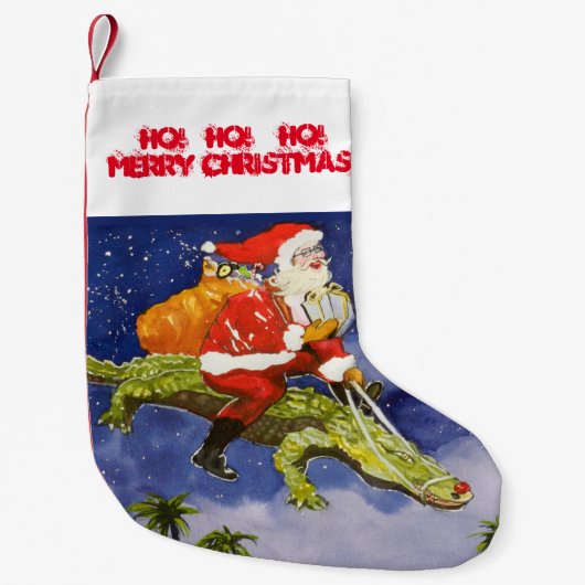 Santa Riding Gator Kleine Kerstsok (Voorkant)