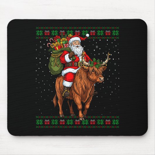Santa Riding Highland Cow Ugly Christmas Sweater  Muismat (Voorkant)