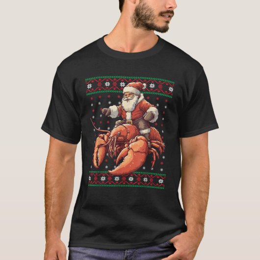 Santa Riding Lobster Grappige Kreeft Lelijke Kerst T-shirt (Voorkant)