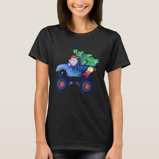 Santa Riding Monster-vrachtwagen met kerstboom T-shirt (Voorkant)