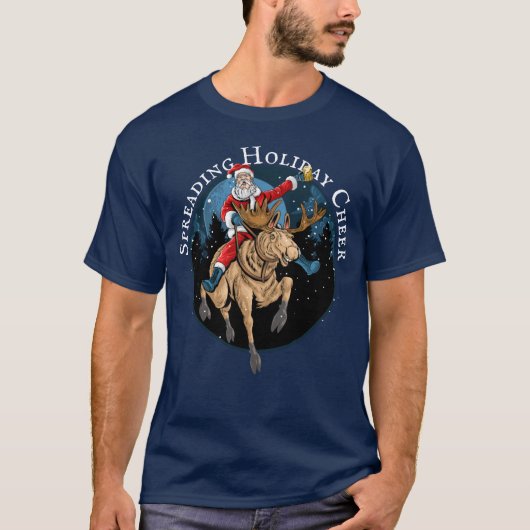 Santa Riding Moose Drink bier, spreidend vrolijk T-shirt (Voorkant)