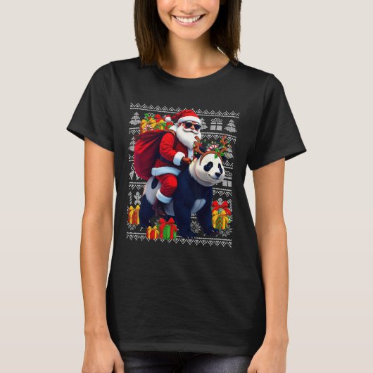Santa Riding Panda Christmas Lights Ugly Christmas T-shirt (Voorkant)