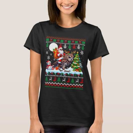 Santa Riding Reindeer Owl Sweater Xmas Tree Snowma T-shirt (Voorkant)