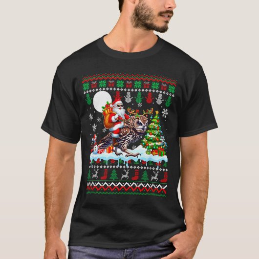 Santa Riding Reindeer Owl Sweater Xmas Tree Snowma T-shirt (Voorkant)