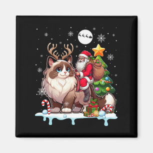 Santa Riding Reindeer Ragdoll Cat Xmas Tree Color Magneet