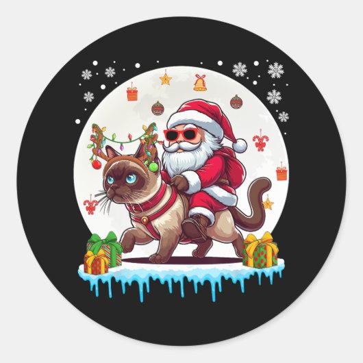 Santa Riding Reindeer Siamese Cat Christmas Owner Ronde Sticker (Voorkant)