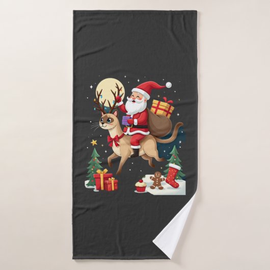 Santa Riding Reindeer Siamese Cat Christmas Tree L Badhanddoek (Badhanddoek)