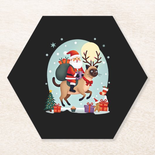 Santa Riding Reindeer Siamese Cat Christmas Tree L Kartonnen Onderzetters (Voorkant)