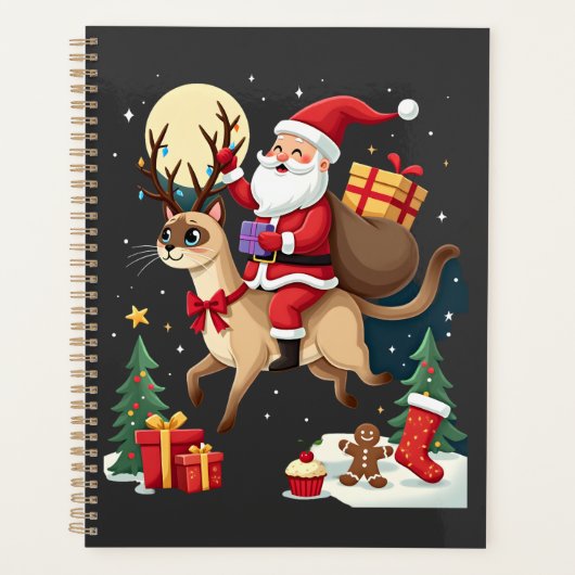 Santa Riding Reindeer Siamese Cat Christmas Tree L Planner (Voorkant)