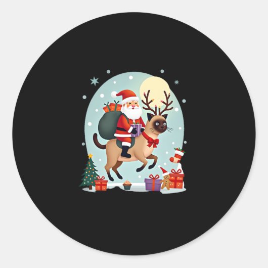 Santa Riding Reindeer Siamese Cat Christmas Tree L Ronde Sticker (Voorkant)