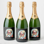 Santa Riding Reindeer Siamese Cat Christmas Tree L Sparkling Wijnetiket (Flessen)