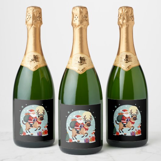 Santa Riding Reindeer Siamese Cat Christmas Tree L Sparkling Wijnetiket (Flessen)