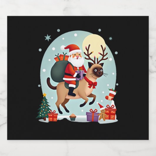 Santa Riding Reindeer Siamese Cat Christmas Tree L Sparkling Wijnetiket (Enkel label)