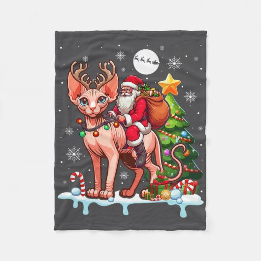 Santa Riding Reindeer Sphynx Cat Xmas Tree Kleurri Fleece Deken (Voorkant)