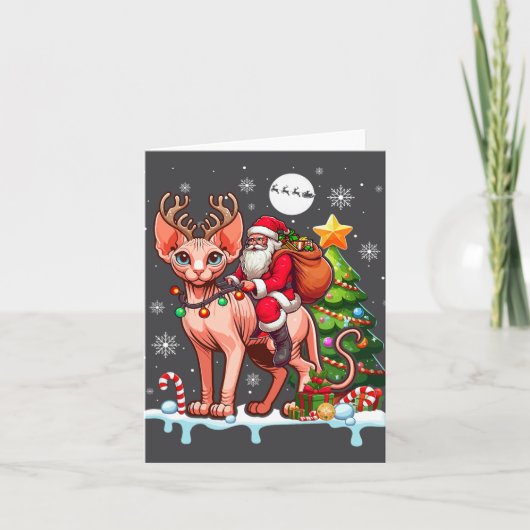 Santa Riding Reindeer Sphynx Cat Xmas Tree Kleurri Kaart (Voorkant)