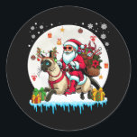 Santa Riding Rendier Burmese Cat Christmas Owner Ronde Sticker<br><div class="desc">Santa Riding Rendier Birmese Kat Kerstman Eigenaar Peuter</div>