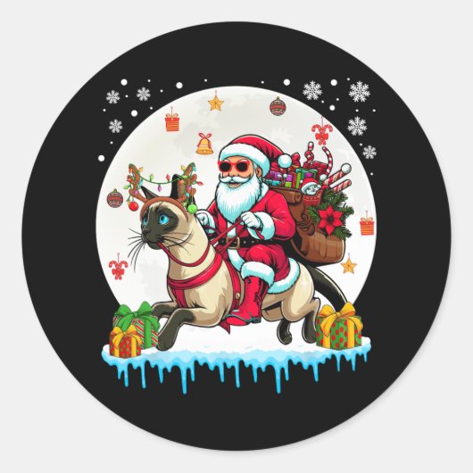 Santa Riding Rendier Burmese Cat Christmas Owner Ronde Sticker (Voorkant)