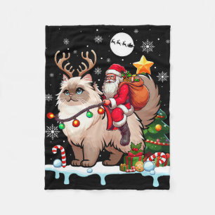 Santa Riding Rendier Himalayan Cat Xmas Tree Colo Fleece Deken