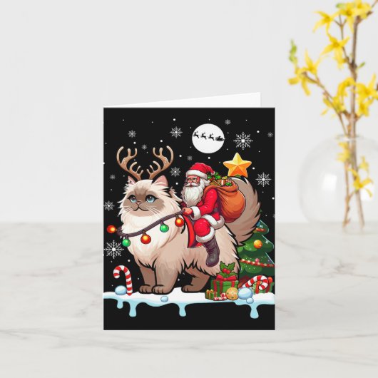 Santa Riding Rendier Himalayan Cat Xmas Tree Colo Kaart (Gele Bloem)