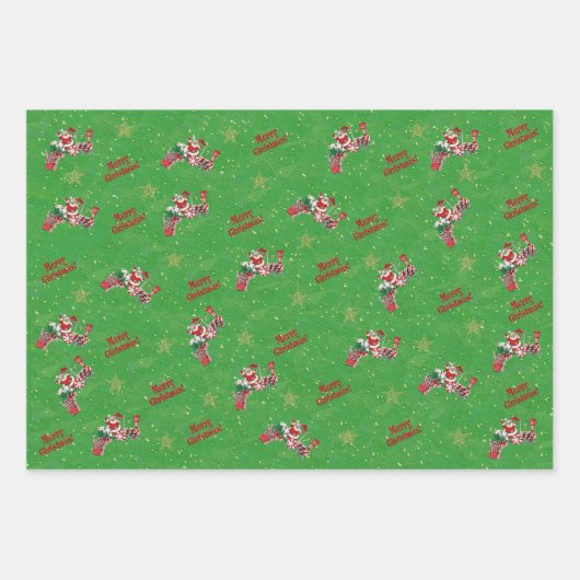 Santa Riding Rode Trein Gouden Sterren Vrolijk Ker Inpakpapier Vel (Voorkant)