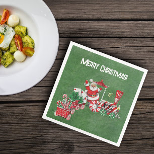 Santa Riding Rood Wit Kersttrein Donkergroen Servet