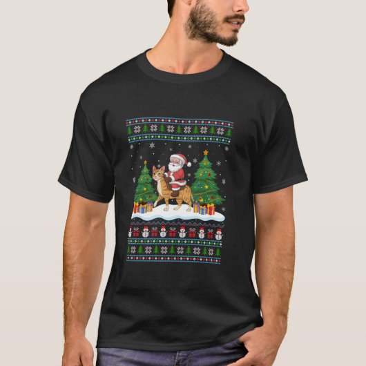 Santa Riding Savannah Cat Tree Lights Ugly Christm T-shirt (Voorkant)