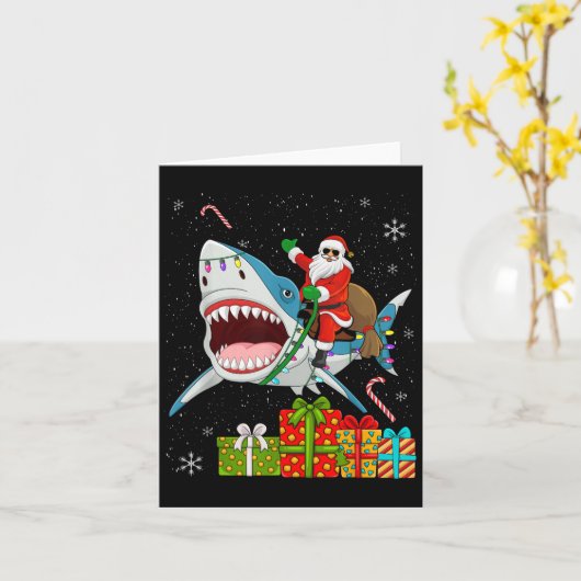 Santa Riding Shark Christmas Pajama Cute Ocean Ani Kaart (Gele Bloem)
