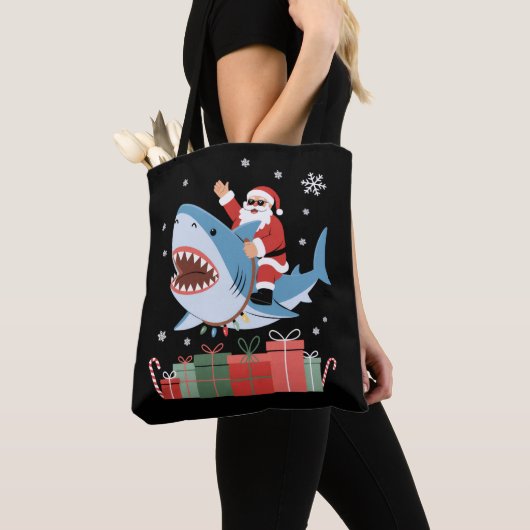 Santa Riding Shark Christmas Pajama Cute Ocean Tote Bag (Dichtbij)
