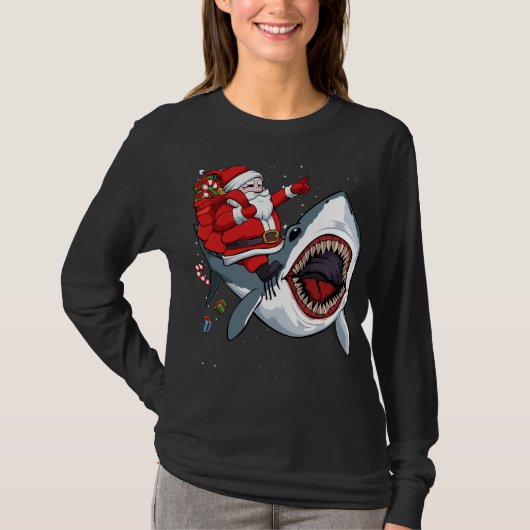 Santa Riding Shark Kerstmis Pajama Cute Ocean Ani T-shirt (Voorkant)
