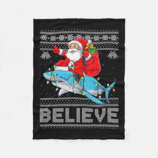 Santa Riding Shark Ugly Christmas Sweater Believe Fleece Deken (Voorkant)