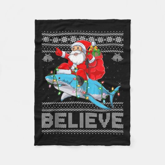 Santa Riding Shark Ugly Christmas Sweater Believe Fleece Deken (Voorkant)