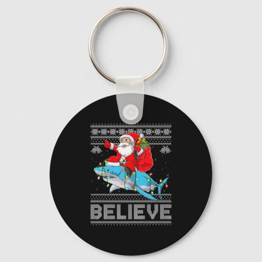 Santa Riding Shark Ugly Christmas Sweater Believe Sleutelhanger (Voorkant)