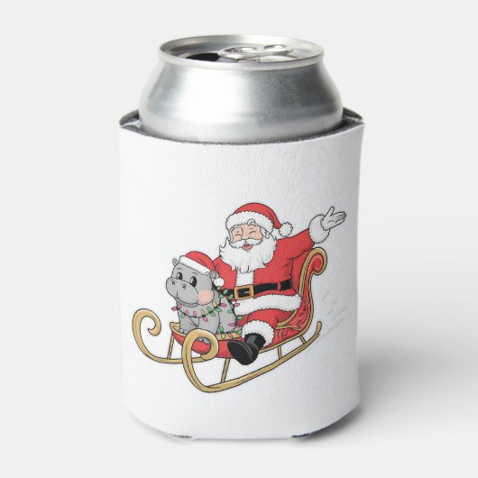 Santa Riding Sleigh met een Moo Deng Baby Hippo Blikjeskoeler (Blikje Voorkant)
