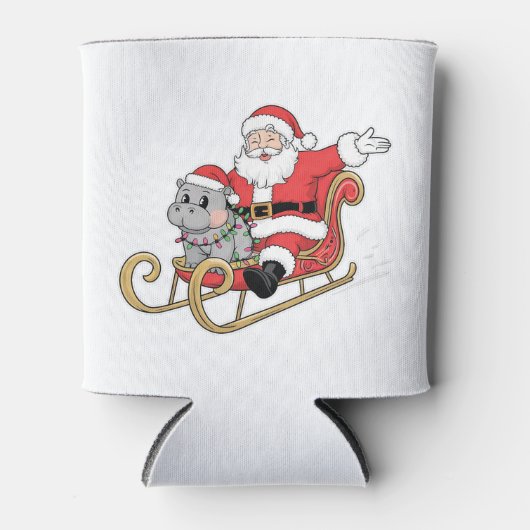 Santa Riding Sleigh met een Moo Deng Baby Hippo Blikjeskoeler (Voorkant)