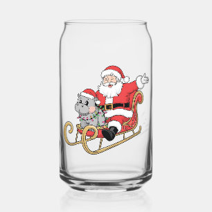 Santa Riding Sleigh met een Moo Deng Baby Hippo Blikvorm Glas