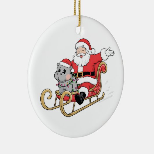 Santa Riding Sleigh met een Moo Deng Baby Hippo Keramisch Ornament (Rechts)