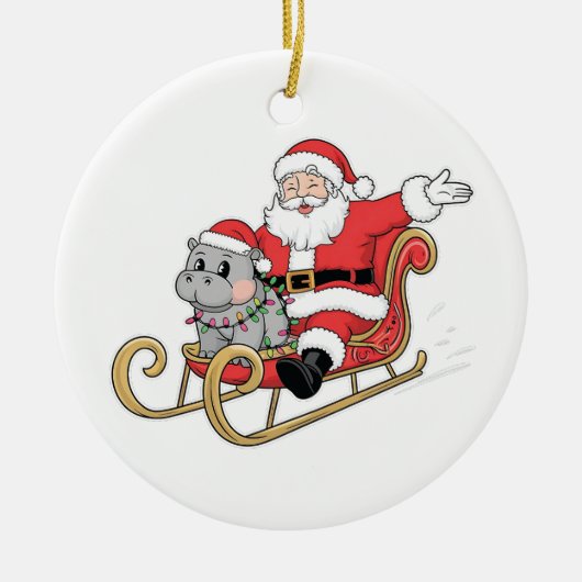 Santa Riding Sleigh met een Moo Deng Baby Hippo Keramisch Ornament (Voorkant)