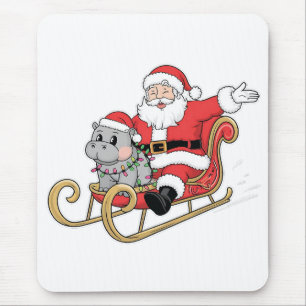 Santa Riding Sleigh met een Moo Deng Baby Hippo Muismat