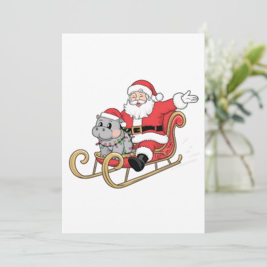 Santa Riding Sleigh met een Moo Deng Baby Hippo Save The Date (Staand voorkant)